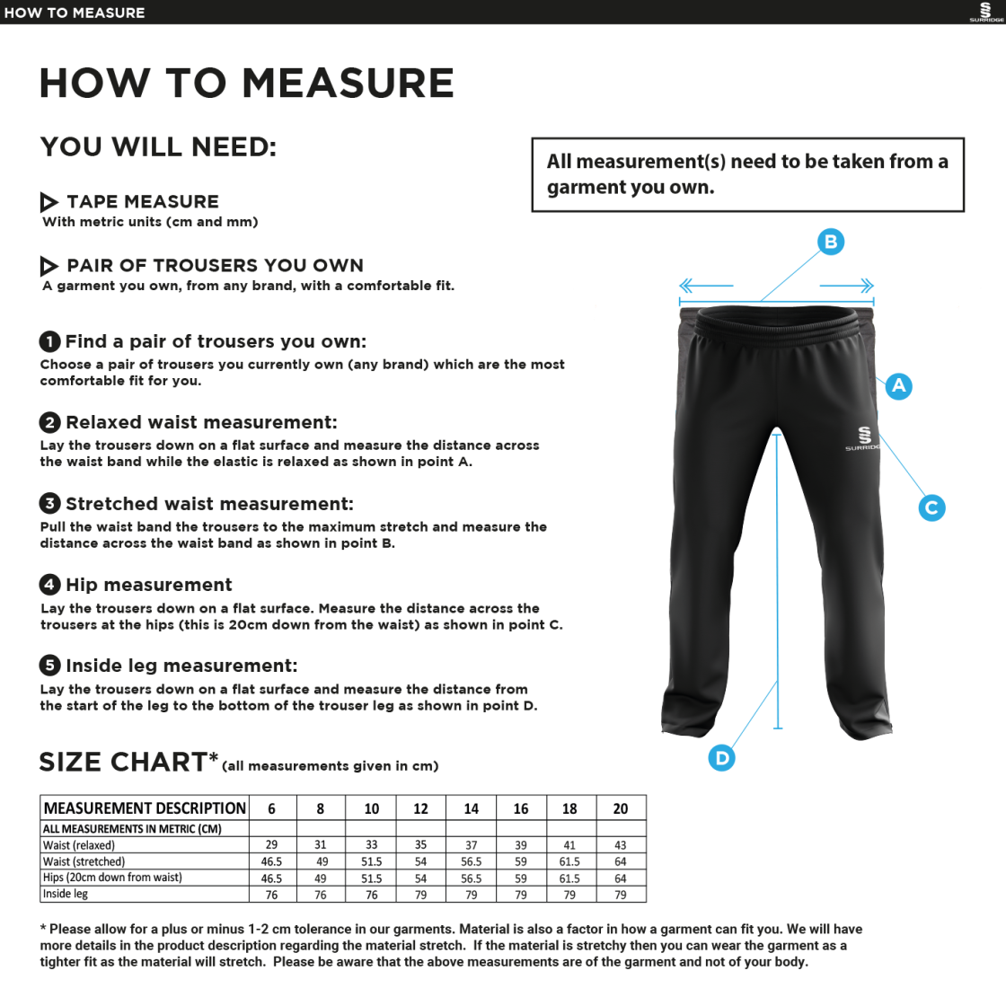 Burnley Belvedere CC Women's Rip Stop Track Pant : Navy - Size Guide