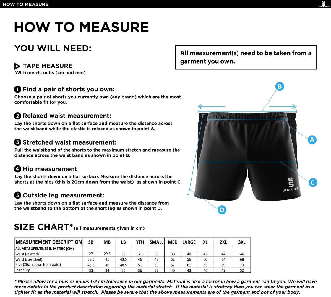 Burnley Belvedere CC Dual Gym Shorts - Navy - Size Guide