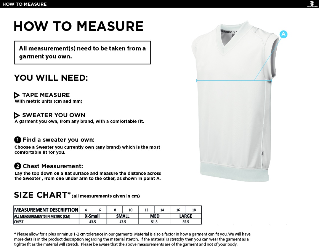 Burnley Belvedere CC - Blast Sleeveless Women's Cricket Sweater - Size Guide