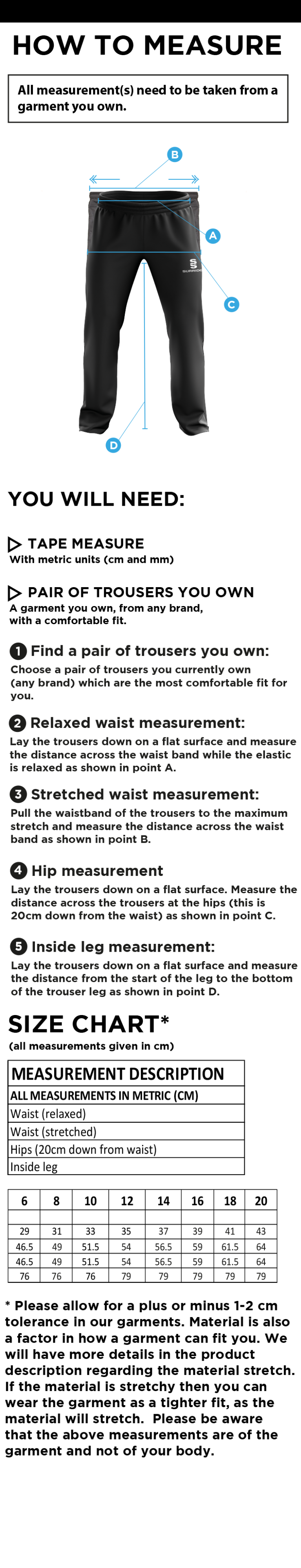 Burnley Belvedere CC Women's Rip Stop Track Pant : Black - Size Guide