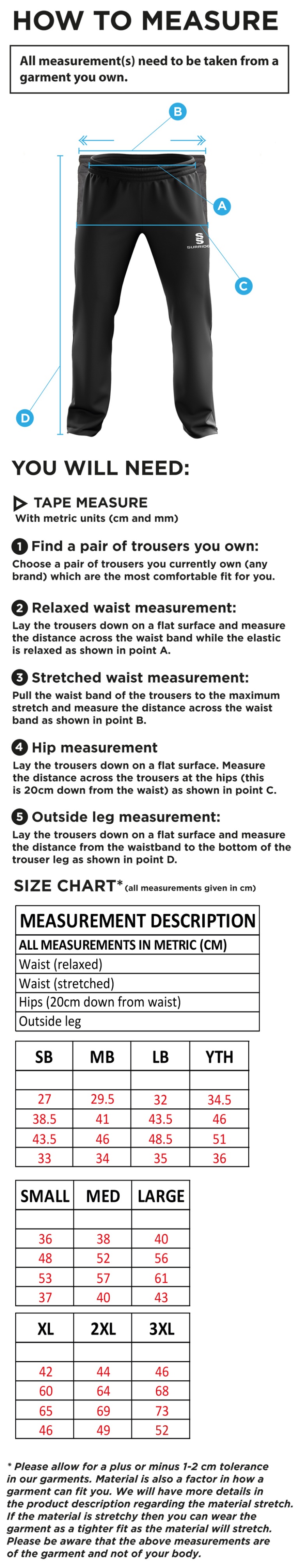 Burnley Belvedere CC Ripstop Track Pant - Black - Size Guide
