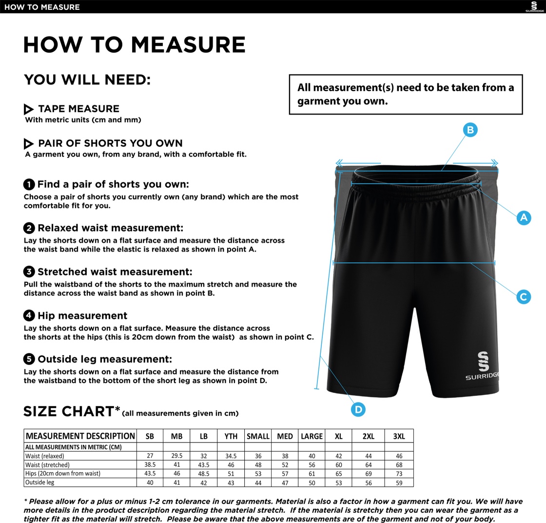 Burnley Belvedere CC Ripstop Leisure Shorts - Black - Size Guide