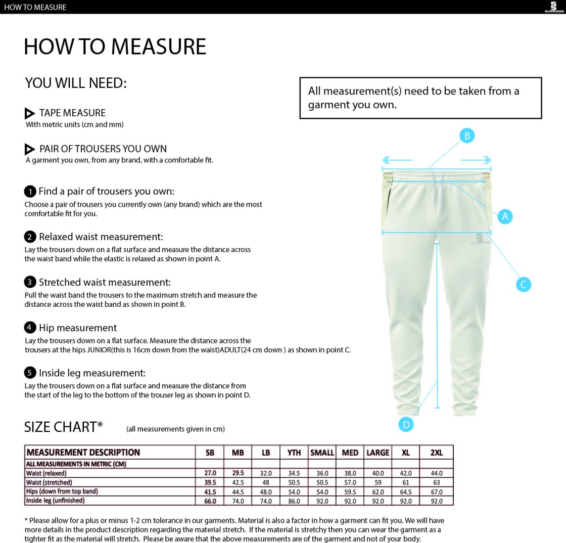 Burnley Belvedere CC Coloured Cricket Trousers - Navy - Size Guide
