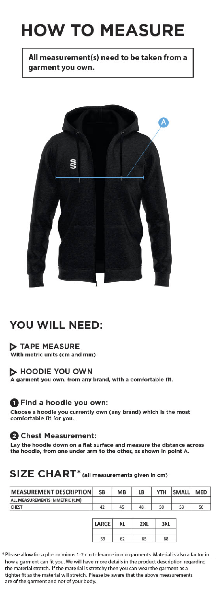 Burnley Belvedere CC Dual Bonded Full Zip Hoody - Black - Size Guide