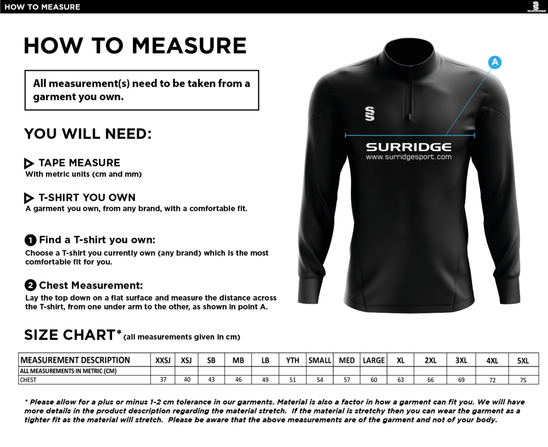 Burnley Belvedere CC Dual Performance 1/4 Zip Top - Black - Size Guide