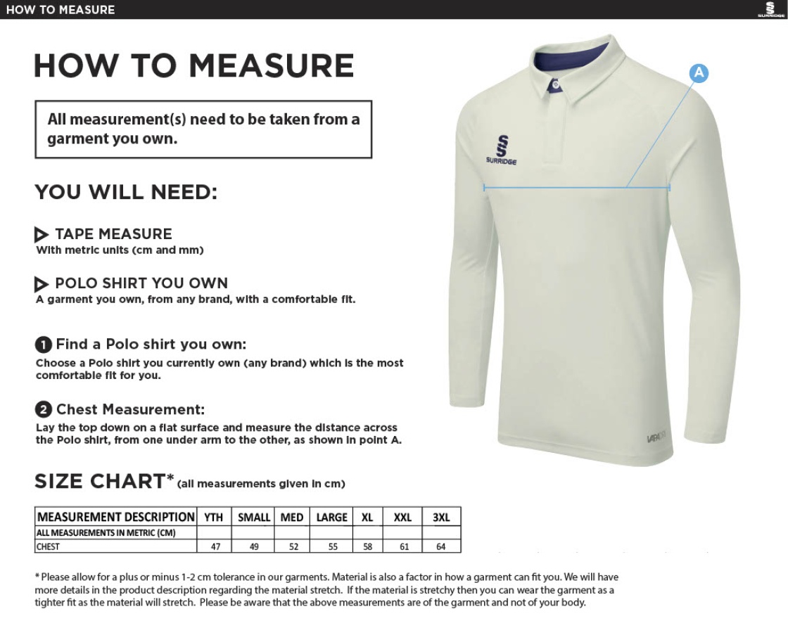 Burnley Belvedere CC Ergo Long Sleeve Playing Shirt - Size Guide