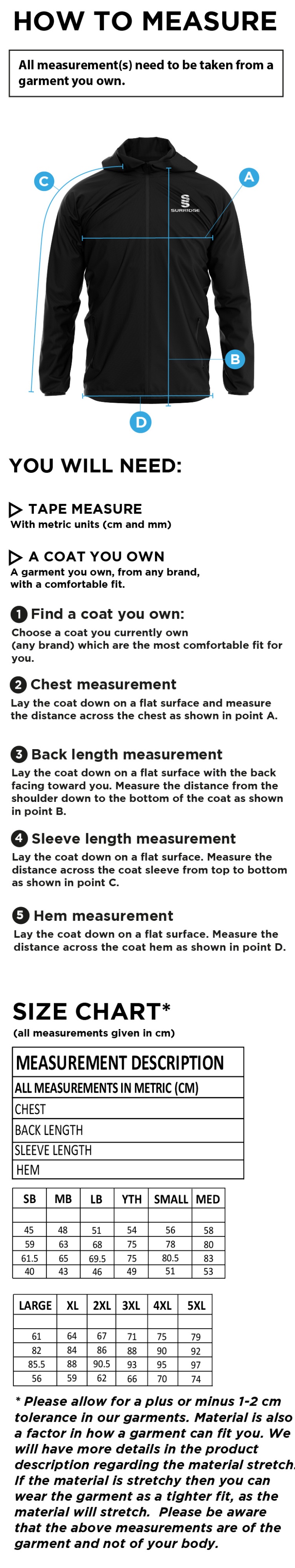 Burnley Belvedere CC Lightweight Full Zip Training Jacket - Navy - Size Guide