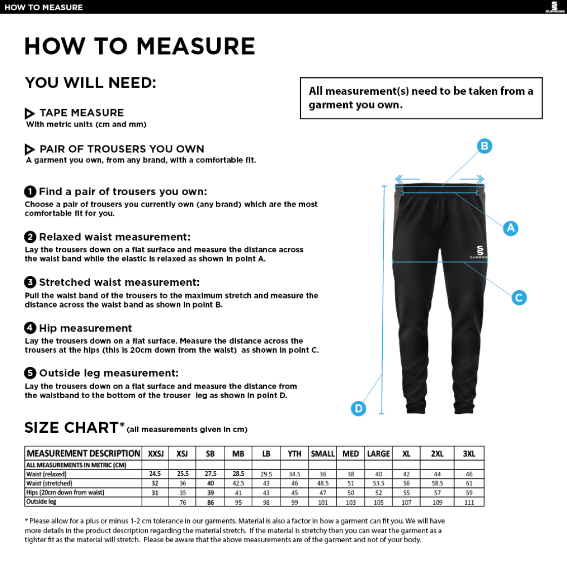 Burnley Belvedere CC Slim Training Pants - Black - Size Guide