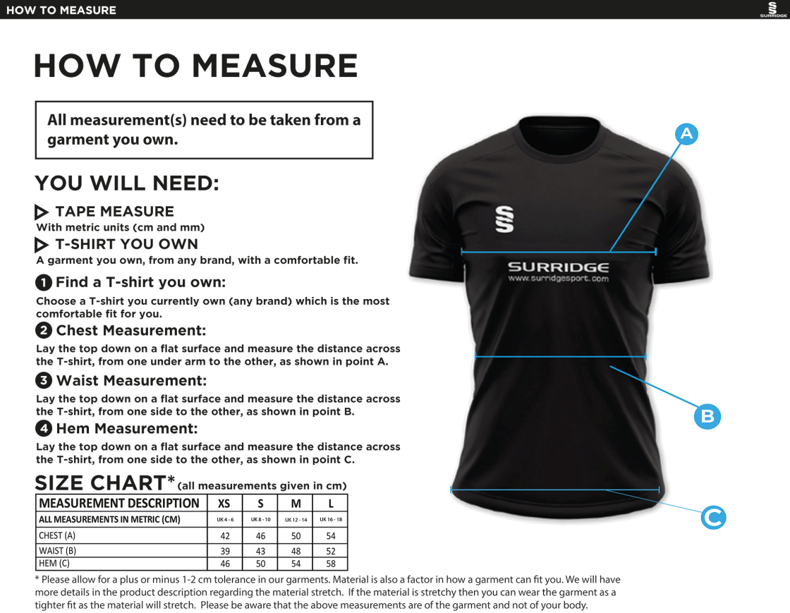 Burnley Belvedere CC Women's Dual Games Shirt : Bottle - Size Guide