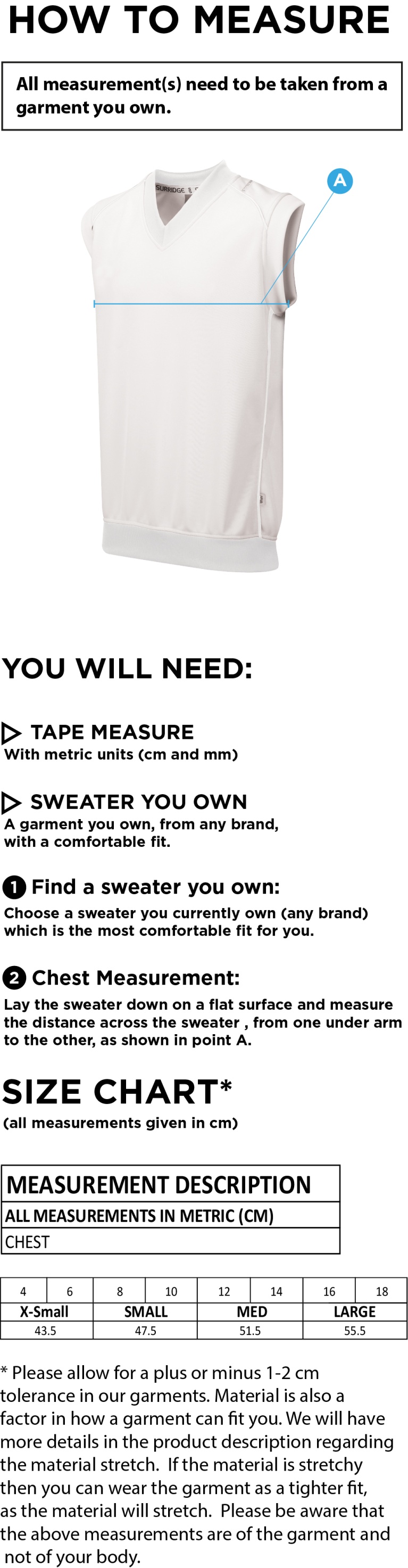 Burnley Belvedere CC - Blast Sleeveless Women's Cricket Sweater - Size Guide