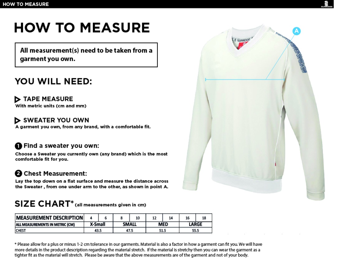 Burnley Belvedere CC - Blast Long Sleeve Women's Cricket Sweater - Size Guide