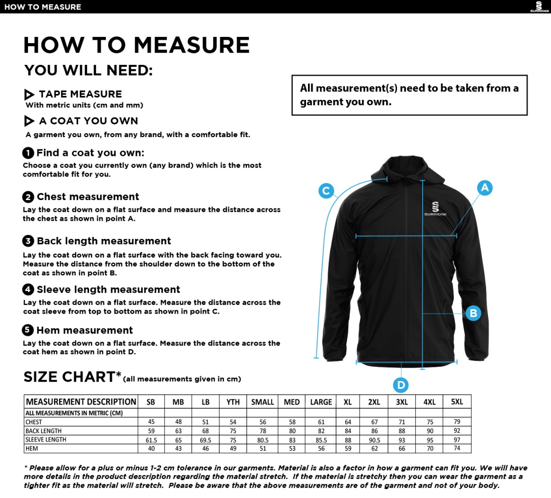 Burnley Belvedere CC Lightweight Full Zip Training Jacket - Navy - Size Guide