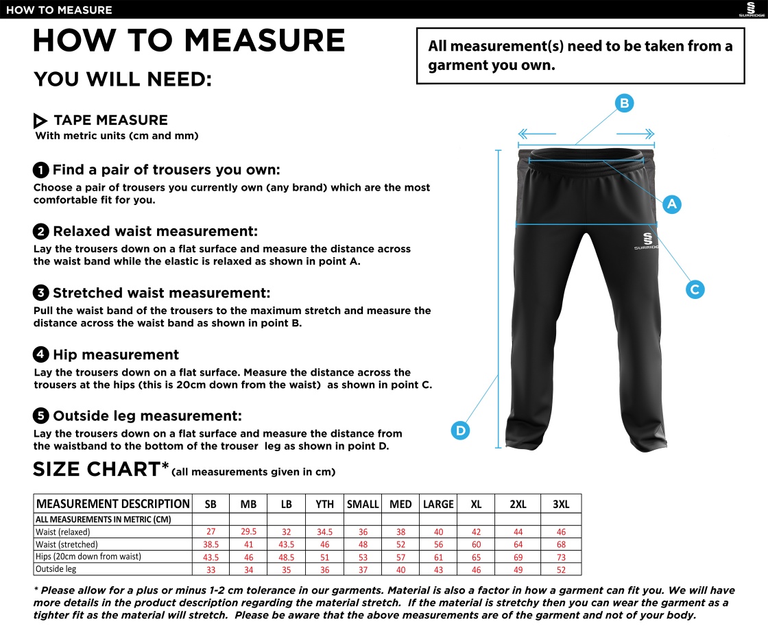 Burnley Belvedere CC Ripstop Track Pant - Black - Size Guide