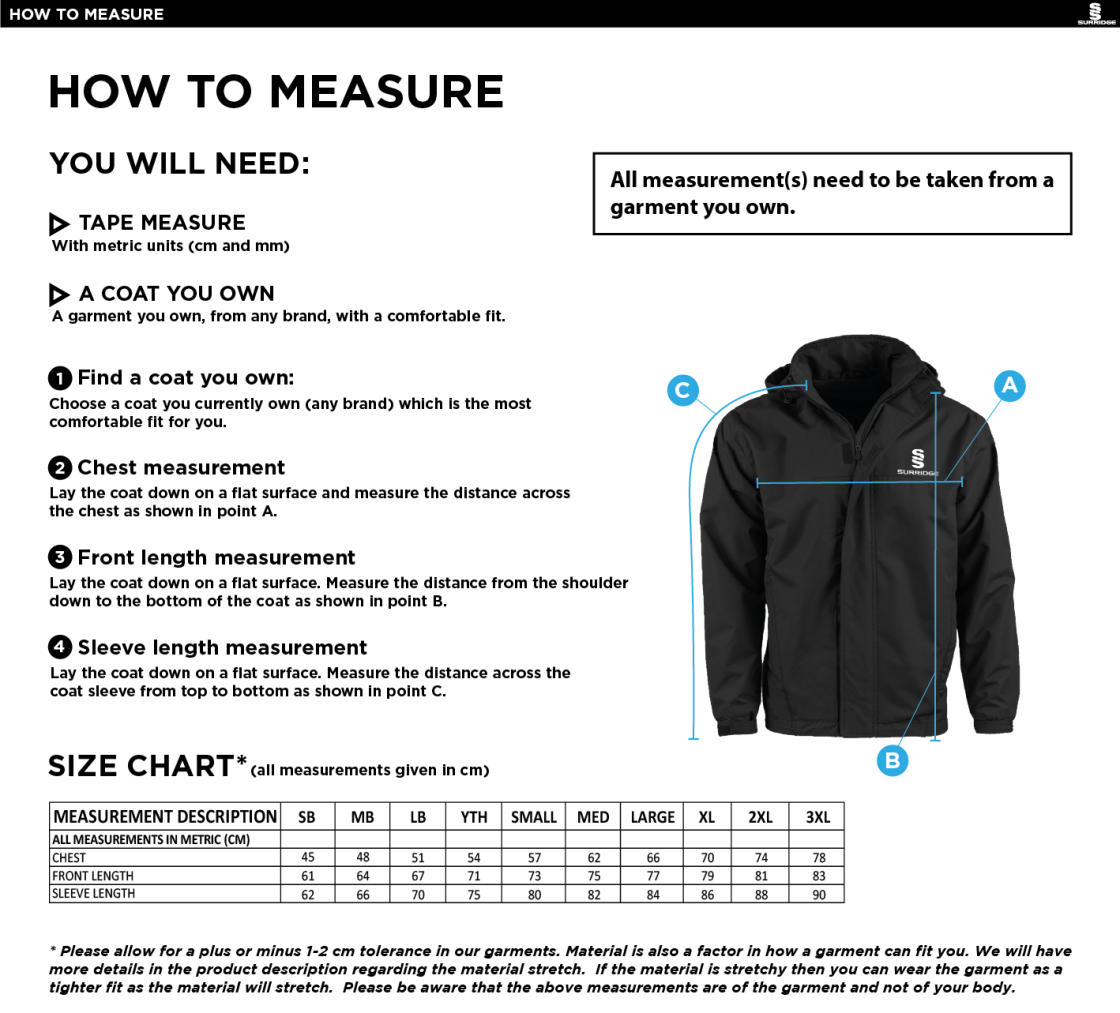 Burnley Belvedere CC Fleeced Line Jacket - Navy - Size Guide