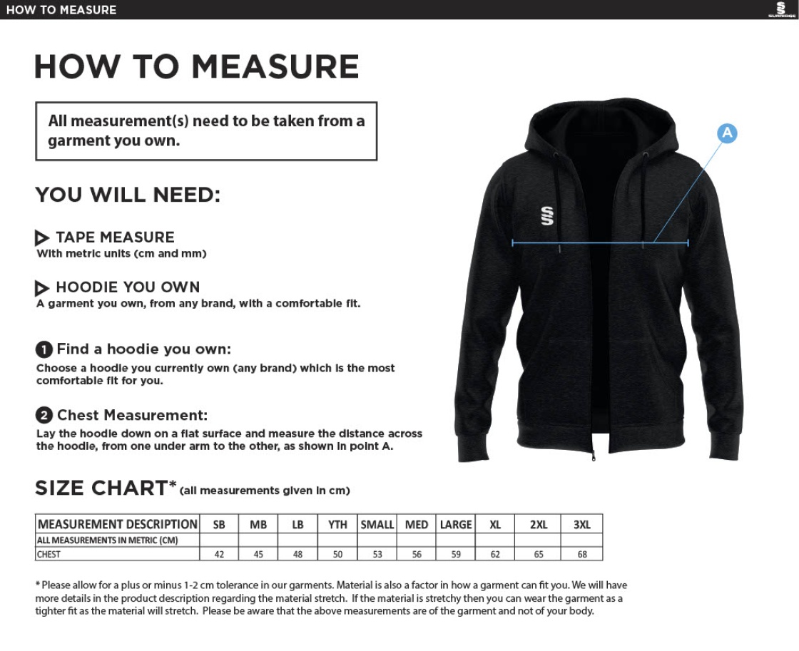 Burnley Belvedere CC Dual Bonded Full Zip Hoody - Black - Size Guide
